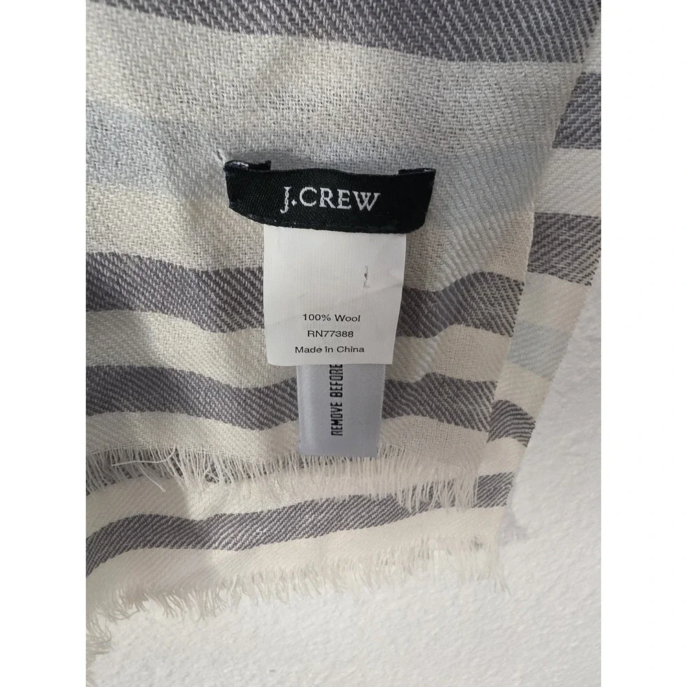 J.Crew Wool Scarf Grey White Striped Rectangle Wrap Shawl Stole Classic